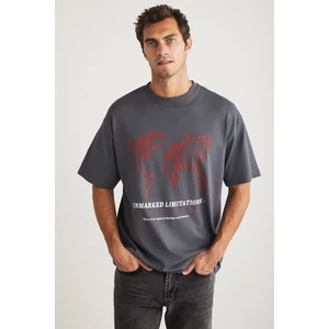 Leaf Erkek Bisiklet Yaka Pamuk Baskılı Gri T-Shirt
