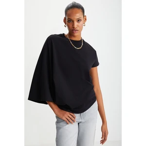 Katie Asimetrik Relaxed Kesim kısa Kollu Bisiklet Yaka Siyah T-Shirt