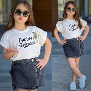 Kız Çocuk Bayramlık Kot Şort Etek Takım Alt Üst Takım 2528B