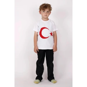 Ay Yıldız Baskılı Kısa Kol Tişört Beyaz Çocuk Genç 23 Nisan 29 Ekim Bayram Gösteri Kıyafeti