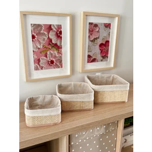 Beige Hasır 3lü Kare Sepet