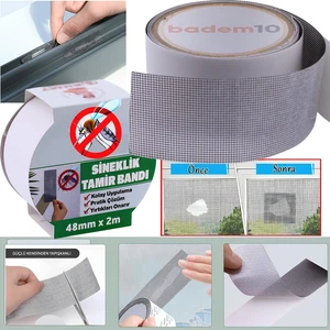 48 mm x 2 Metre Yapışkanlı Sineklik Yaması Tülü Tamir Bandı Bantı Yırtık Kopmuş Delik Fiber Tül Yapıştırma Gri