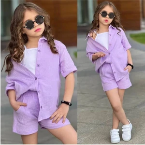 Kız Çocuk Müslin Kumaş Gömlek Şort ve Atletli 3'lü Takım Lila Renk