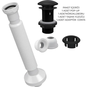 Mat Siyah Pop-Up Lavabo Gider Seti | Porselen Başlık + Körüklü Boru + Taşma Yüzüğü + Adaptör Conta