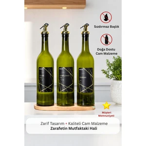 Ahşap Stantlı 3'lü Gold Etiketli Zeytinyağı Ayçiçek Yağı Cam Sirke Şişesi 750 Ml