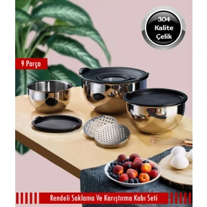 9 Parça Çelik Çok Amaçlı Rendeli Saklama Ve Karıştırma Kabı Seti
