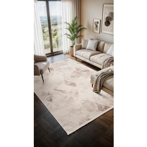 Moon MO104K Krem Halı Geometrik Gri Detaylı Akrilik Pamuk Taban Salon Halısı Yatak Odası Koridor