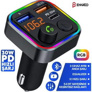 30W Pd Hızlı Şarj 5.0 Bluetooth Mp3 Çakmaklık Rgb Işıklı LED Ekran USB Araç Fm Transmitter Çakmaklık Pd Type-C Giriş