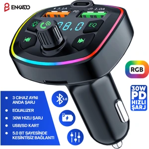 30W Pd Hızlı Şarj Bluetooth 5.0 Rgb Işıklı LED Ekran Tf Kart+ USB Mp3 Araç Fm Transmitter Çakmaklık Type-C Giriş