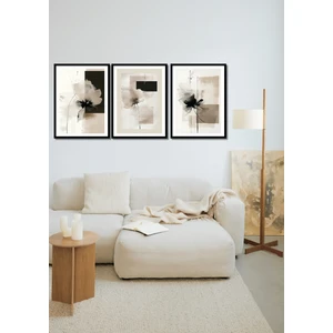 Siyah Ahşap Çerçeve Görünümlü 3lü Soyut Duvar Dekoru Salon Oturma Yatak Odası Için Tablo Seti