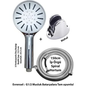Güneş 5 Fonksiyonlu Duş Başlığı Mafsal ve 150CM Güçlü Hortum Duş Seti