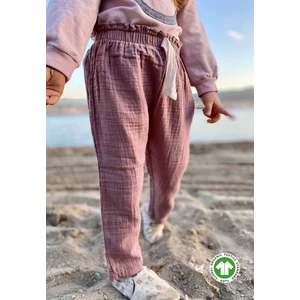 Beli Fırfırlı Geniş Kesim Müslin Pantolon Bakır
