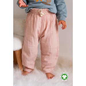 Beli Fırfırlı Geniş Kesim Müslin Pantolon Pudra Pembe
