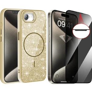iPhone 16E Kılıf M-Safe Şarj Özellikli Parlayan Simli Zore Okso Kapak + Hayalet Temperli Ekran Koruyucu