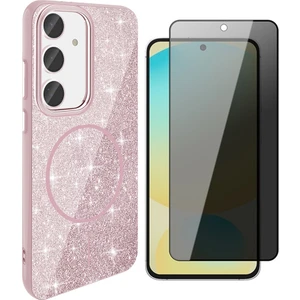 Samsung Galaxy S24 Fe Kılıf M-Safe Şarj Özellikli Parlayan Simli Zore Okso Kapak + Hayalet Temperli Ekran Koruyucu