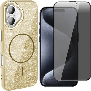 iPhone 16 Plus Kılıf M-Safe Şarj Özellikli Parlayan Simli Zore Okso Kapak + Hayalet Temperli Ekran Koruyucu