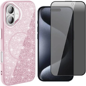 iPhone 16 Plus Kılıf M-Safe Şarj Özellikli Parlayan Simli Zore Okso Kapak + Hayalet Temperli Ekran Koruyucu