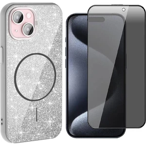 iPhone 15 Plus Kılıf M-Safe Şarj Özellikli Parlayan Simli Zore Okso Kapak + Hayalet Temperli Ekran Koruyucu