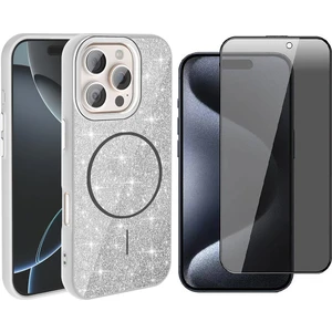 iPhone 15 Pro Max Kılıf M-Safe Şarj Özellikli Parlayan Simli Zore Okso Kapak + Hayalet Temperli Ekran Koruyucu