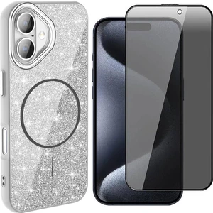 iPhone 16 Plus Kılıf M-Safe Şarj Özellikli Parlayan Simli Zore Okso Kapak + Hayalet Temperli Ekran Koruyucu