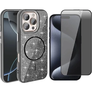 iPhone 15 Pro Max Kılıf M-Safe Şarj Özellikli Parlayan Simli Zore Okso Kapak + Hayalet Temperli Ekran Koruyucu