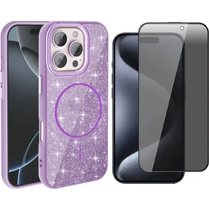iPhone 15 Pro Max Kılıf M-Safe Şarj Özellikli Parlayan Simli Zore Okso Kapak + Hayalet Temperli Ekran Koruyucu