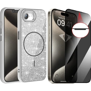 iPhone 16E Kılıf M-Safe Şarj Özellikli Parlayan Simli Zore Okso Kapak + Hayalet Temperli Ekran Koruyucu