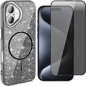 iPhone 16 Kılıf M-Safe Şarj Özellikli Parlayan Simli Zore Okso Kapak + Hayalet Temperli Ekran Koruyucu