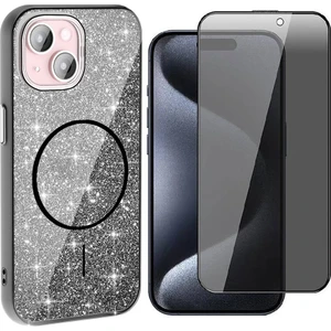 iPhone 15 Plus Kılıf M-Safe Şarj Özellikli Parlayan Simli Zore Okso Kapak + Hayalet Temperli Ekran Koruyucu
