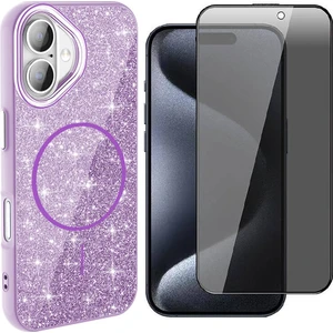 iPhone 16 Plus Kılıf M-Safe Şarj Özellikli Parlayan Simli Zore Okso Kapak + Hayalet Temperli Ekran Koruyucu