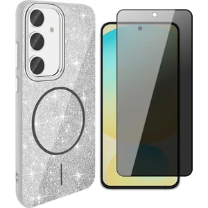 Samsung Galaxy S24 Fe Kılıf M-Safe Şarj Özellikli Parlayan Simli Zore Okso Kapak + Hayalet Temperli Ekran Koruyucu