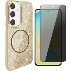 Samsung Galaxy S24 Fe Kılıf M-Safe Şarj Özellikli Parlayan Simli Zore Okso Kapak + Hayalet Temperli Ekran Koruyucu