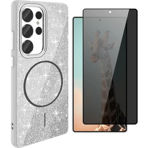 Samsung Galaxy S25 Ultra Kılıf M-Safe Şarj Özellikli Parlayan Simli Zore Okso Kapak + Hayalet Temperli Ekran Koruyucu