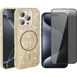 iPhone 15 Pro Max Kılıf M-Safe Şarj Özellikli Parlayan Simli Zore Okso Kapak + Hayalet Temperli Ekran Koruyucu