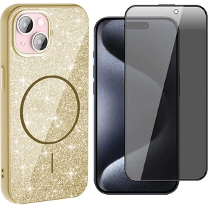 iPhone 15 Plus Kılıf M-Safe Şarj Özellikli Parlayan Simli Zore Okso Kapak + Hayalet Temperli Ekran Koruyucu