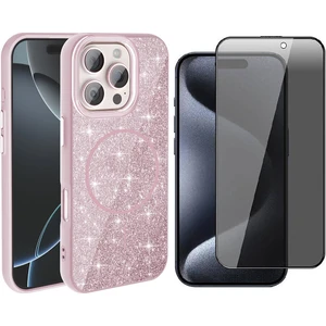 iPhone 16 Pro Max Kılıf M-Safe Şarj Özellikli Parlayan Simli Zore Okso Kapak + Hayalet Temperli Ekran Koruyucu