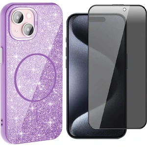 iPhone 15 Plus Kılıf M-Safe Şarj Özellikli Parlayan Simli Zore Okso Kapak + Hayalet Temperli Ekran Koruyucu