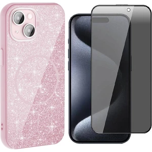 iPhone 15 Plus Kılıf M-Safe Şarj Özellikli Parlayan Simli Zore Okso Kapak + Hayalet Temperli Ekran Koruyucu