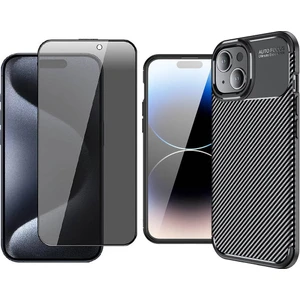 Apple iPhone 15 Plus Kılıf Auto Focus Karbon Tasarım Zore Negro Silikon Kapak + Hayalet Cam Ekran Koruyucu