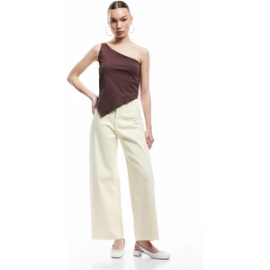 Cep Detaylı Düğmeli Pamuklu Crop Geniş Paça Denim Pantolon - Culotte Jean