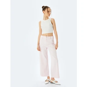 Cep Detaylı Düğmeli Pamuklu Crop Geniş Paça Denim Pantolon - Culotte Jean