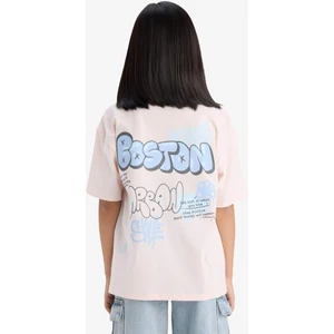 Kız Çocuk Oversize Geniş Kalıp Bisiklet Yaka Sırt Baskılı Kısa Kollu Tişört E0357A825SM