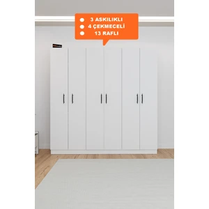 AE-2115 Kale Beyaz Gardırop 6 Kapaklı, 4 Çekmeceli, 3 Askılıklı, 13 Raflı Dolap