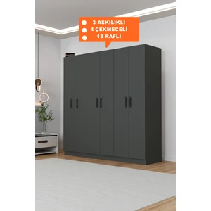 AE-2115 Kale Antrasit Gardırop 6 Kapaklı, 4 Çekmeceli, 3 Askılıklı, 13 Raflı Dolap