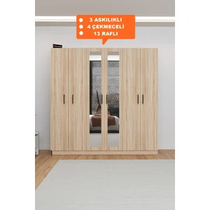 AE-2116 Kale Aynalı Sonomo, 6 Kapaklı Gardırop, 13 Raflı, 3 Askılıklı 180 cm Dolap