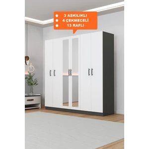 AE-2116 Kale Aynalı Antrasit/beyaz, 6 Kapaklı Gardırop, 13 Raflı, 3 Askılıklı 180 cm Dolap