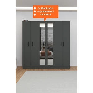 AE-2116 Kale Aynalı Antrasit, 6 Kapaklı Gardırop, 13 Raflı, 3 Askılıklı 180 cm Dolap