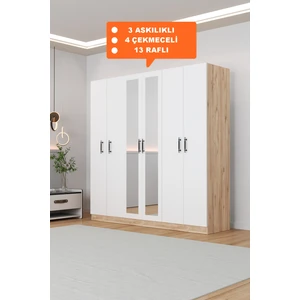 AE-2116 Kale Aynalı Sonomo/beyaz, 6 Kapaklı Gardırop, 13 Raflı, 3 Askılıklı 180 cm Dolap