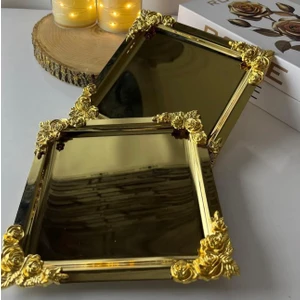 2 Adet Çelik Gold Kare Model Gold Dört Köşe Aksesuarlı Servis Tepsisi Çay Kahve