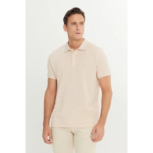 AC&Co / Altınyıldız Classics Erkek Çekmeyen Pamuklu Kumaş Slim Fit Dar Kesim Açık Bej-Beyaz Kıvrılmaz Polo Yaka Tişört